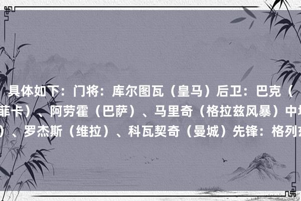 具体如下：门将：库尔图瓦（皇马）后卫：巴克（里尔）、奥塔门迪（本菲卡）、阿劳霍（巴萨）、马里奇（格拉兹风暴）中场：帕夫洛维奇（拜仁）、罗杰斯（维拉）、科瓦契奇（曼城）先锋：格列兹曼（马竞）、劳塔罗（国米）、登贝莱（巴黎）    欧洲杯体育信息