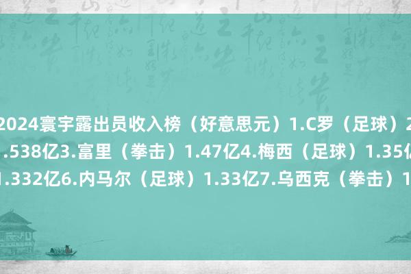 2024寰宇露出员收入榜（好意思元）1.C罗（足球）2.6亿2.库里（篮球）1.538亿3.富里（拳击）1.47亿4.梅西（足球）1.35亿5.詹姆斯（篮球）1.332亿6.内马尔（足球）1.33亿7.乌西克（拳击）1.22亿8.本泽马（足球）1.16亿9.姆巴佩（足球）1.1亿10.乔恩-拉姆（高尔夫）1.058亿    体育集锦