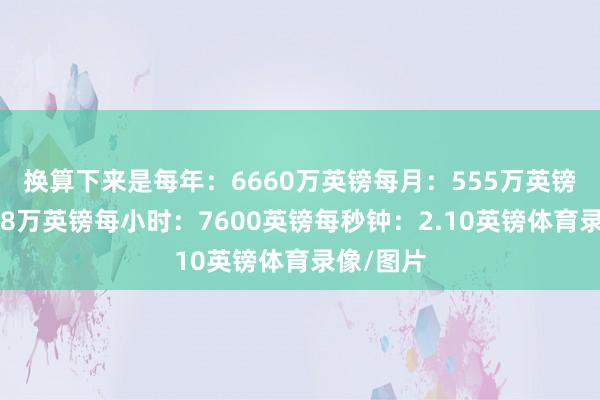 换算下来是　　每年：6660万英镑　　每月：555万英镑　　每天：18万英镑　　每小时：7600英镑　　每秒钟：2.10英镑体育录像/图片