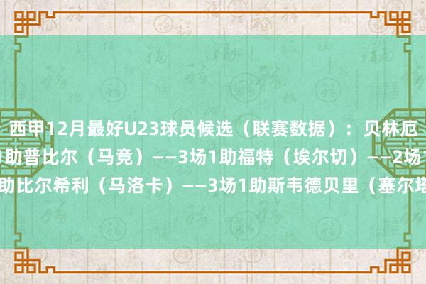 西甲12月最好U23球员候选（联赛数据）：贝林厄姆（皇马）——4场1球1助普比尔（马竞）——3场1助福特（埃尔切）——2场1球2助比尔希利（马洛卡）——3场1助斯韦德贝里（塞尔塔）——3场3球    欧洲杯体育信息